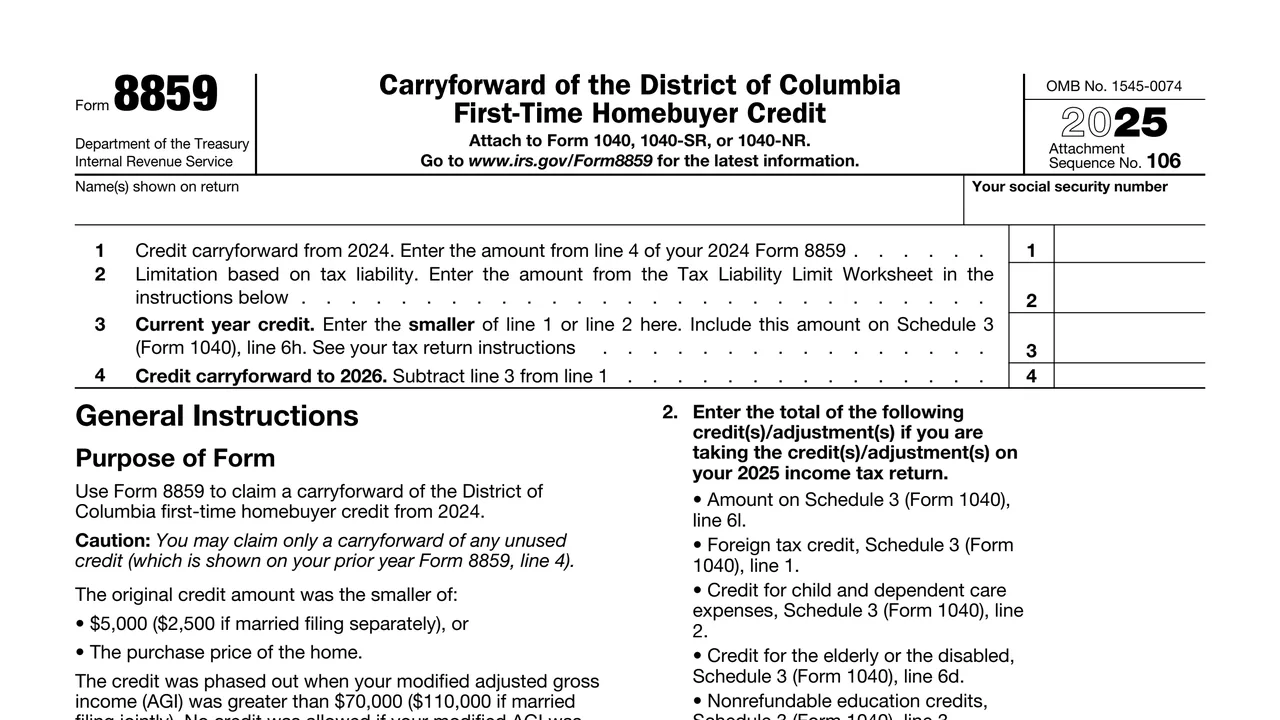 Top of page 1 of Form 8859: Carryforward of the District of Columbia First-Time Homebuyer Credit, as printed by IRS