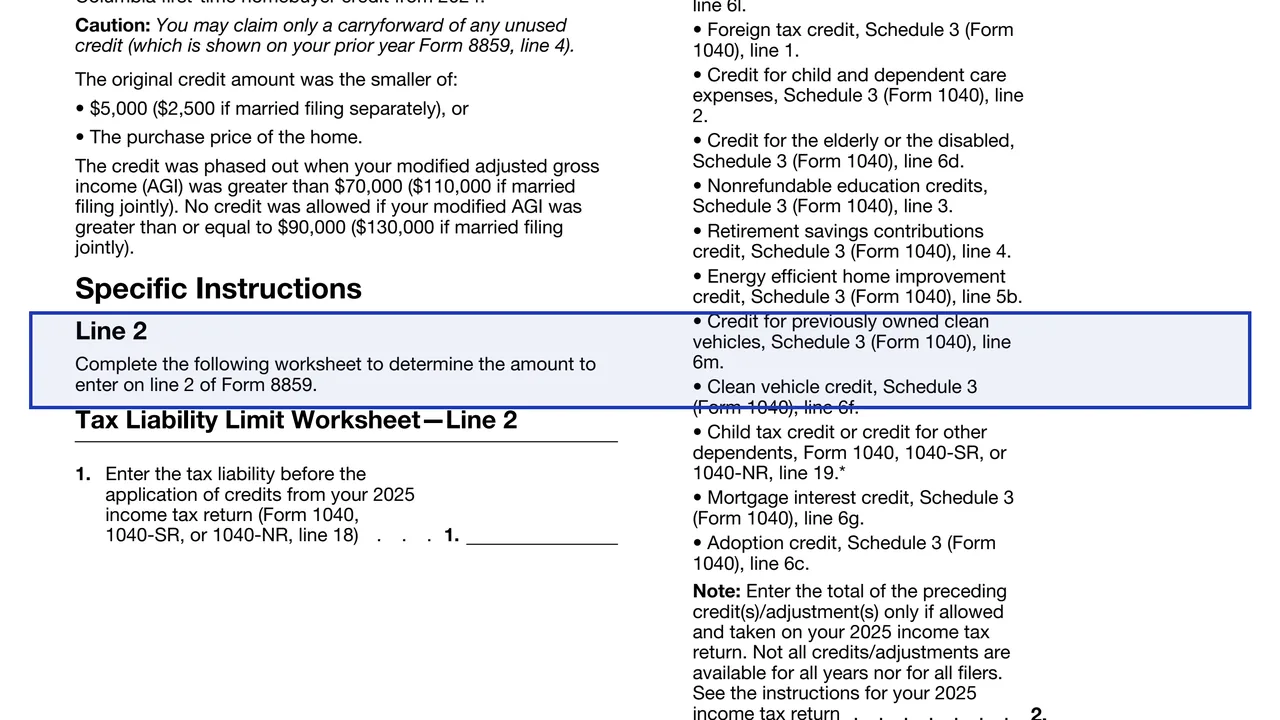 Line 2: limitation based on tax liability on page 1 of Form 8859: Carryforward of the District of Columbia First-Time Homebuyer Credit, as printed by IRS