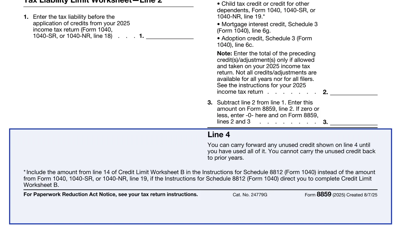 Line 4: carryforward to 2026 on page 1 of Form 8859: Carryforward of the District of Columbia First-Time Homebuyer Credit, as printed by IRS