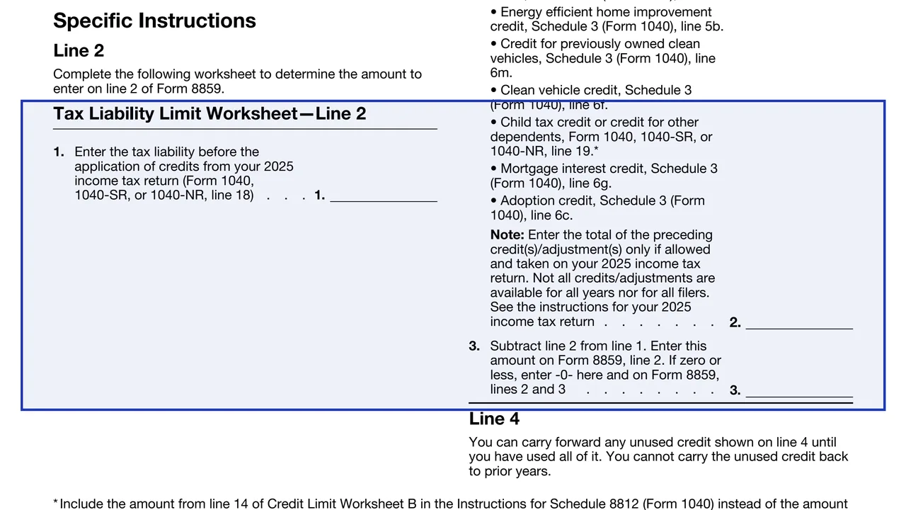 Tax Liability Limit Worksheet on page 1 of Form 8859: Carryforward of the District of Columbia First-Time Homebuyer Credit, as printed by IRS