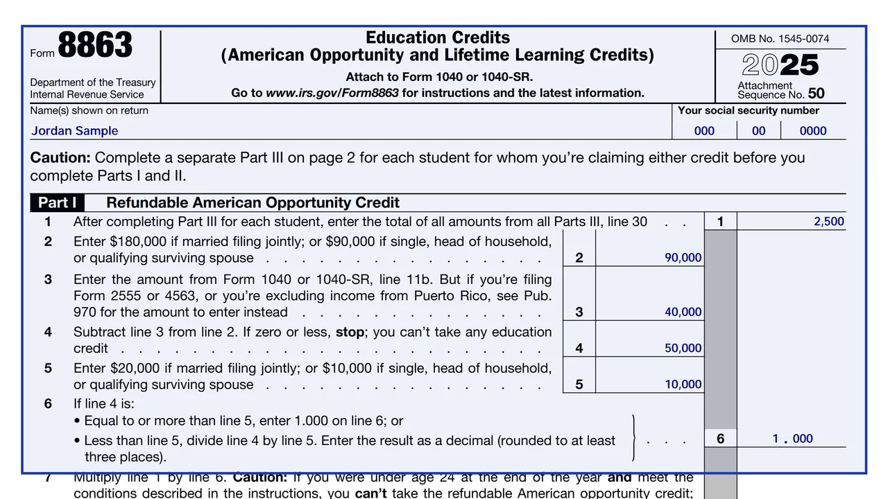 Page 1 of Form 8863, Education Credits, with Part I and Part II above the student pages