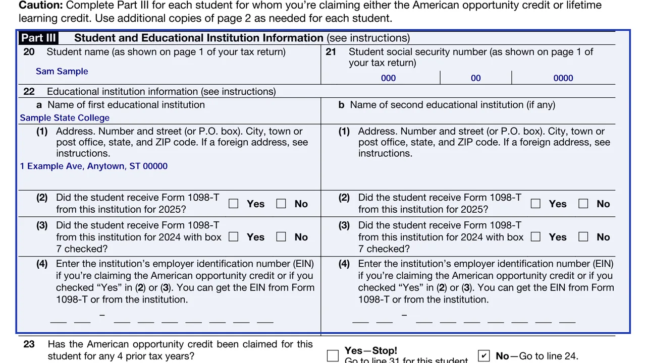Part III of Form 8863 with a student's information and the school's identifying number