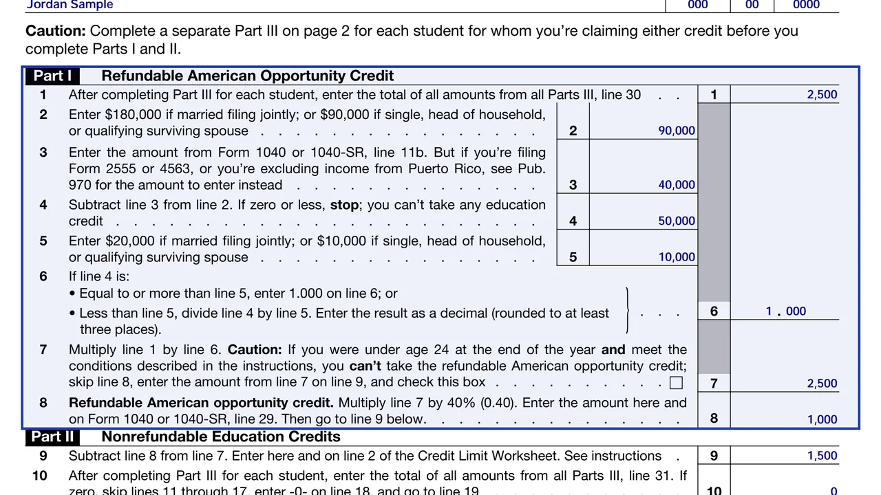 Part I of Form 8863 for the refundable American opportunity credit with line 1 from Part III line 30