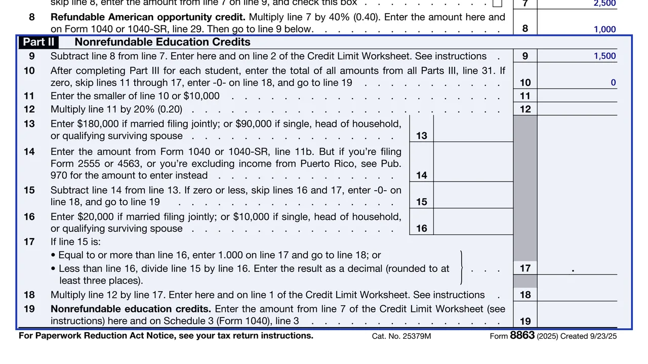 Part II of Form 8863 for the nonrefundable lifetime learning credit with line 10 from Part III line 31