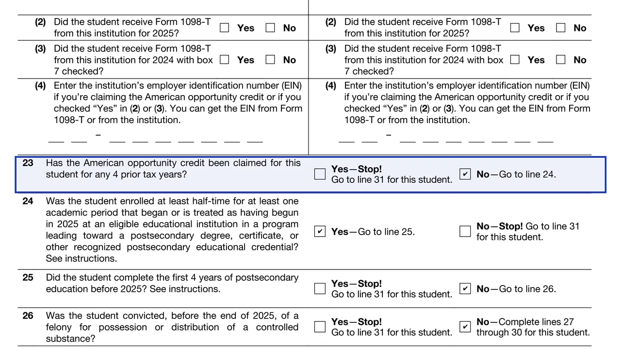 Line 23 of Form 8863 asking about four prior years of the American opportunity credit