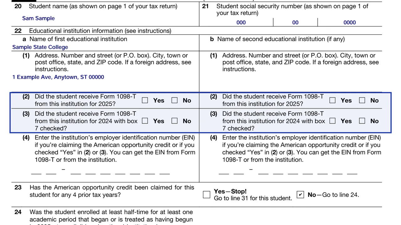 Form 8863 line 22 asking whether the student received Form 1098-T from the institution for 2025