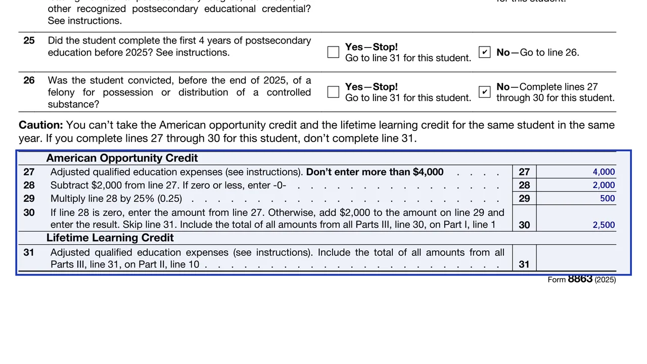 Form 8863 Part III lines 27 to 31 for the American opportunity credit and the lifetime learning credit, sample values