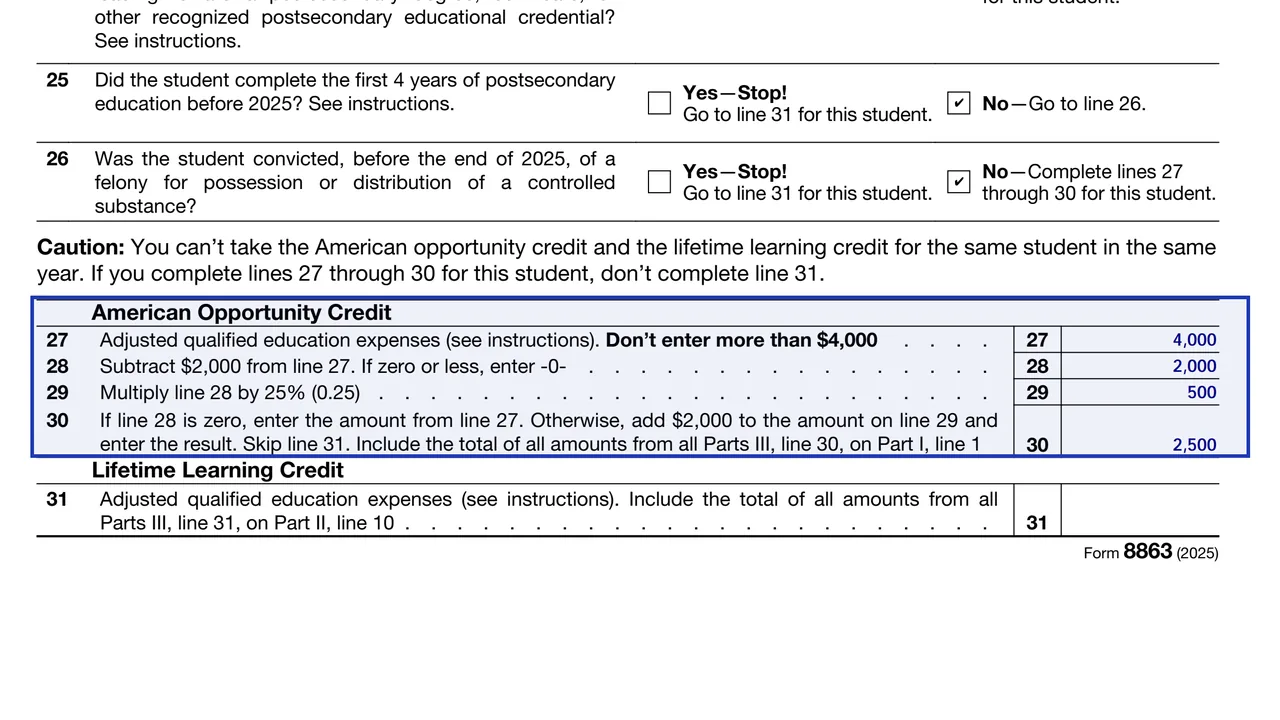 Form 8863 lines 27 to 30 with adjusted qualified education expenses and the American opportunity credit amount, sample values