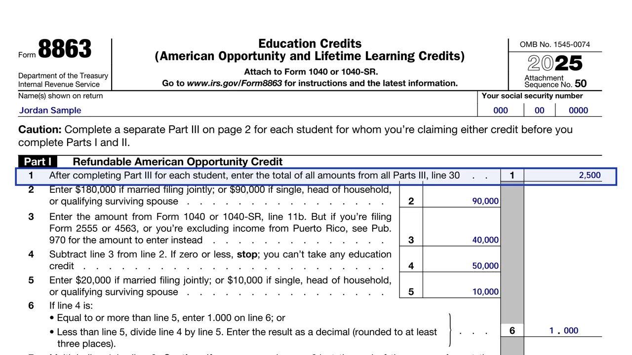 Form 8863 Part I line 1 totaling the amounts from Part III line 30, sample values