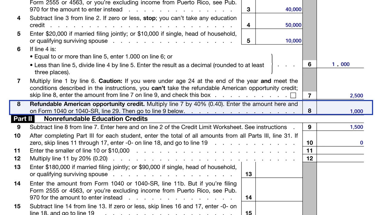 Form 8863 line 8 refundable American opportunity credit that goes on Form 1040 line 29, sample values
