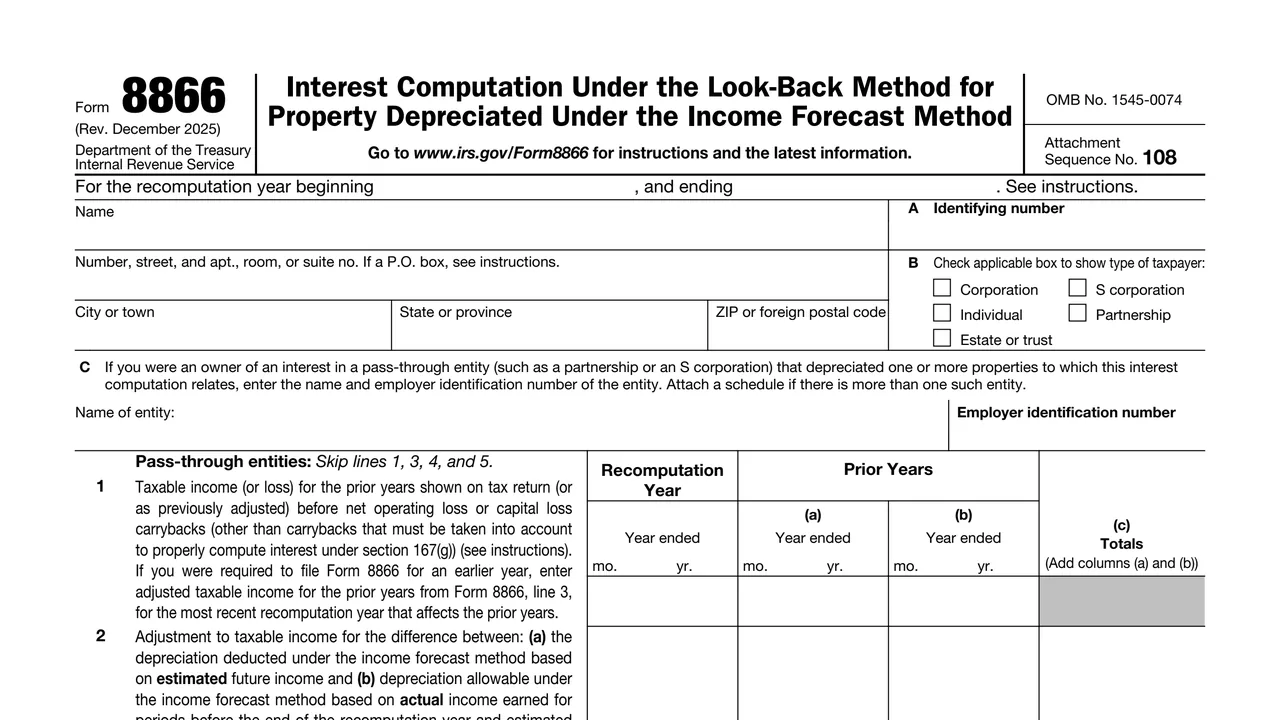 Top of page 1 of Form 8866: Look-Back Interest for Property Depreciated Under the Income Forecast Method, as printed by IRS