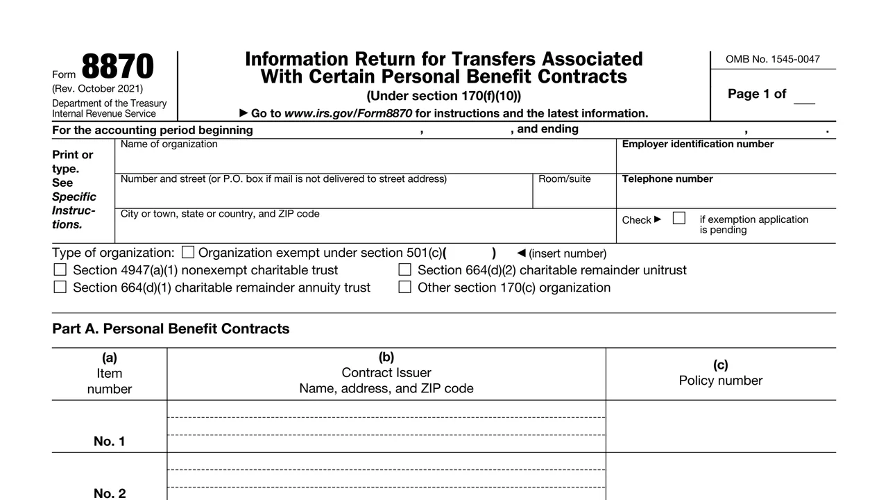 Top of page 1 of Form 8870: Information Return for Transfers Associated With Personal Benefit Contracts, as printed by IRS