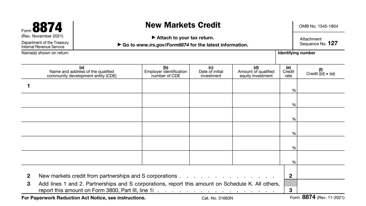 Top of page 1 of Form 8874: New Markets Credit, as printed by IRS