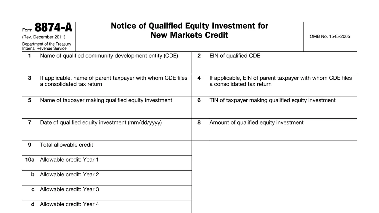 Top of page 1 of Form 8874-A: Notice of Qualified Equity Investment for New Markets Credit, as printed by IRS