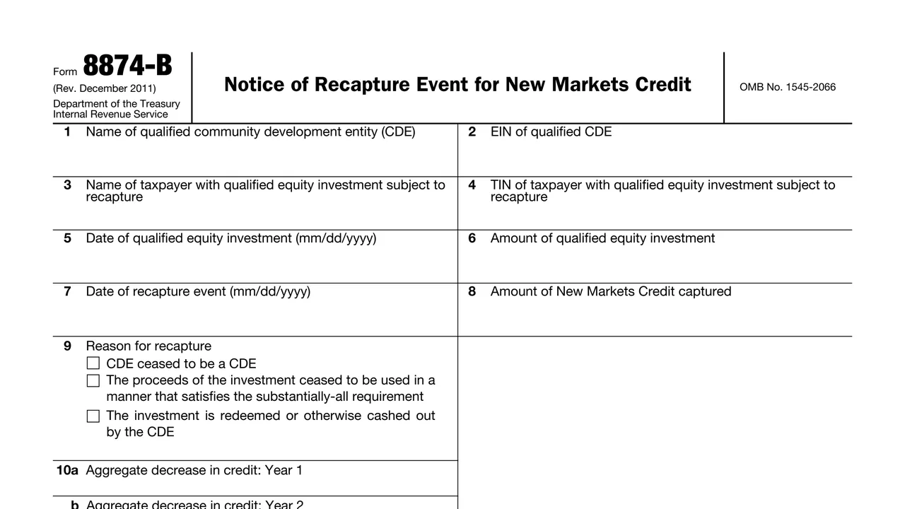 Top of page 1 of Form 8874-B: Notice of Recapture Event for New Markets Credit, as printed by IRS