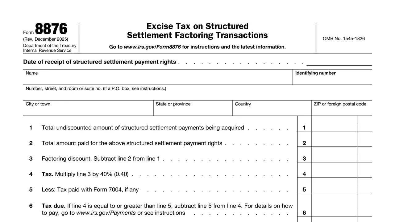 Top of page 1 of Form 8876: Excise Tax on Structured Settlement Factoring Transactions, as printed by IRS