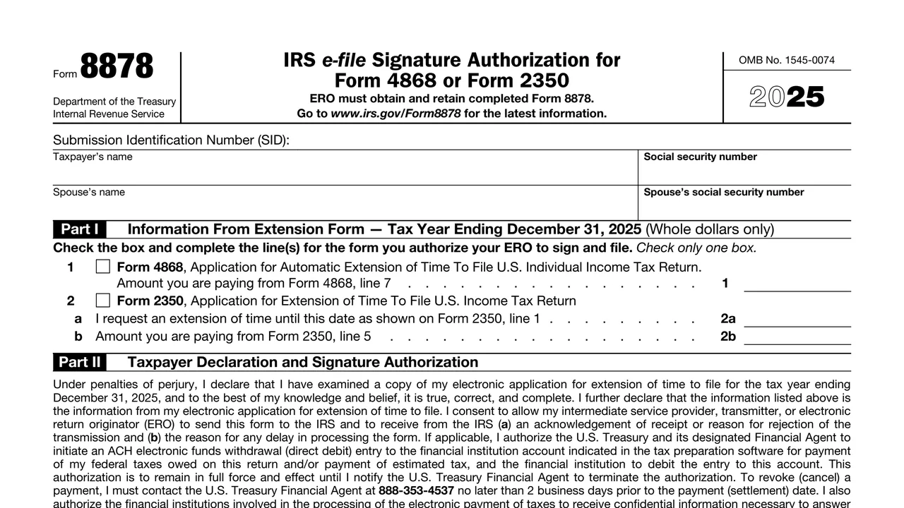 Top of page 1 of Form 8878: IRS e-file Signature Authorization for Form 4868 or Form 2350, as printed by IRS