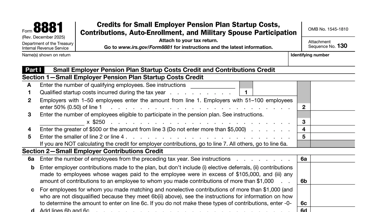 Top of page 1 of Form 8881: Credits for Small Employer Pension Plan Startup Costs and Related Credits, as printed by IRS