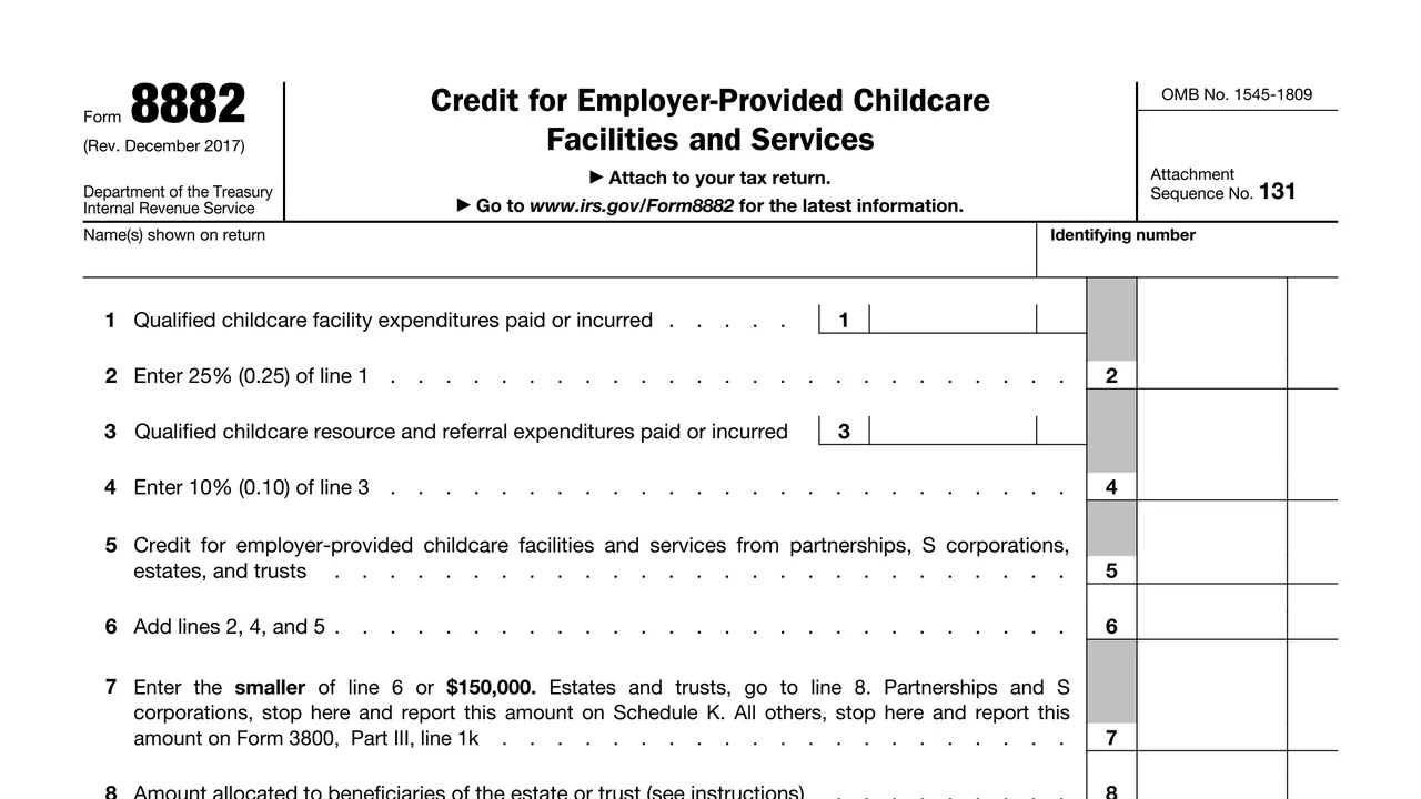 Top of page 1 of Form 8882: Credit for Employer-Provided Childcare Facilities and Services, as printed by IRS