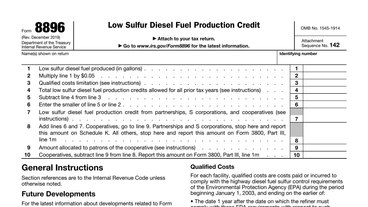 Top of page 1 of Form 8896: Low Sulfur Diesel Fuel Production Credit, as printed by IRS