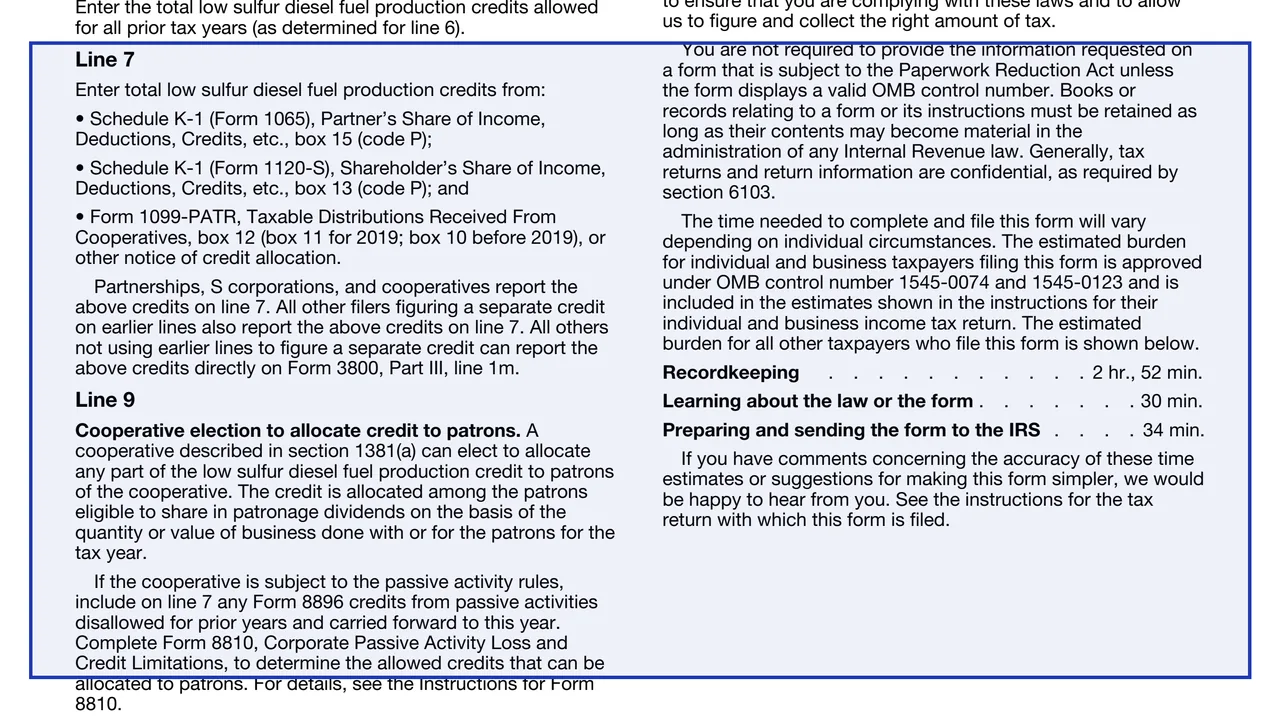 Line 7: credits from pass-through entities on page 2 of Form 8896: Low Sulfur Diesel Fuel Production Credit, as printed by IRS