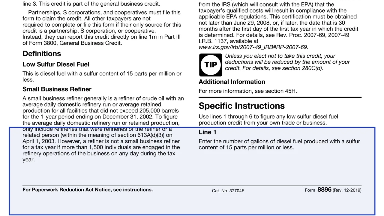Line 1 on page 1 of Form 8896: Low Sulfur Diesel Fuel Production Credit, as printed by IRS