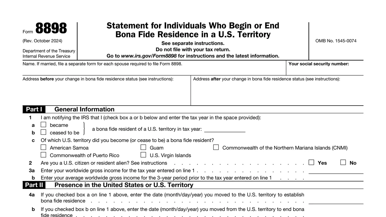 Top of page 1 of Form 8898: Statement for Individuals Who Begin or End Bona Fide Residence, as printed by IRS