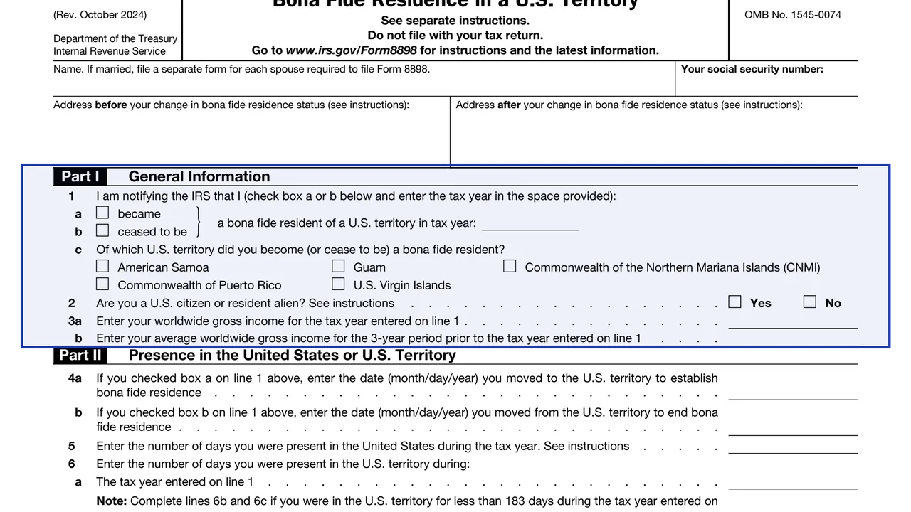 Part I: General Information, lines 1 to 3 on page 1 of Form 8898: Statement for Individuals Who Begin or End Bona Fide Residence, as printed by IRS