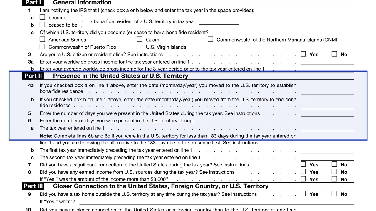 Part II: Presence, lines 4 to 8 on page 1 of Form 8898: Statement for Individuals Who Begin or End Bona Fide Residence, as printed by IRS