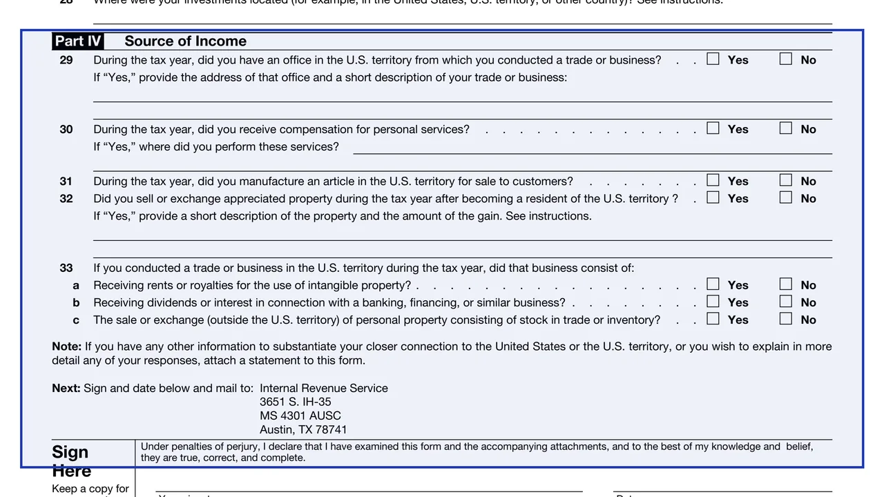 Part IV: Source of Income, lines 29 to 33 on page 2 of Form 8898: Statement for Individuals Who Begin or End Bona Fide Residence, as printed by IRS