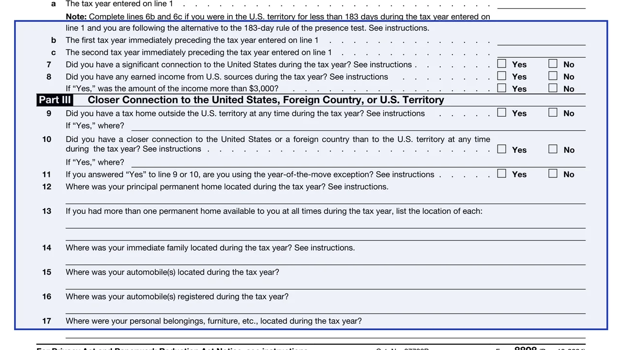 Line 1 on page 1 of Form 8898: Statement for Individuals Who Begin or End Bona Fide Residence, as printed by IRS