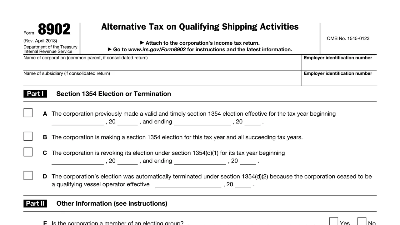 Top of page 1 of Form 8902: Alternative Tax on Qualifying Shipping Activities, as printed by IRS
