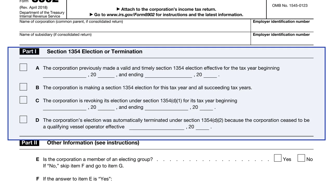 Part I: Election or Termination on page 1 of Form 8902: Alternative Tax on Qualifying Shipping Activities, as printed by IRS