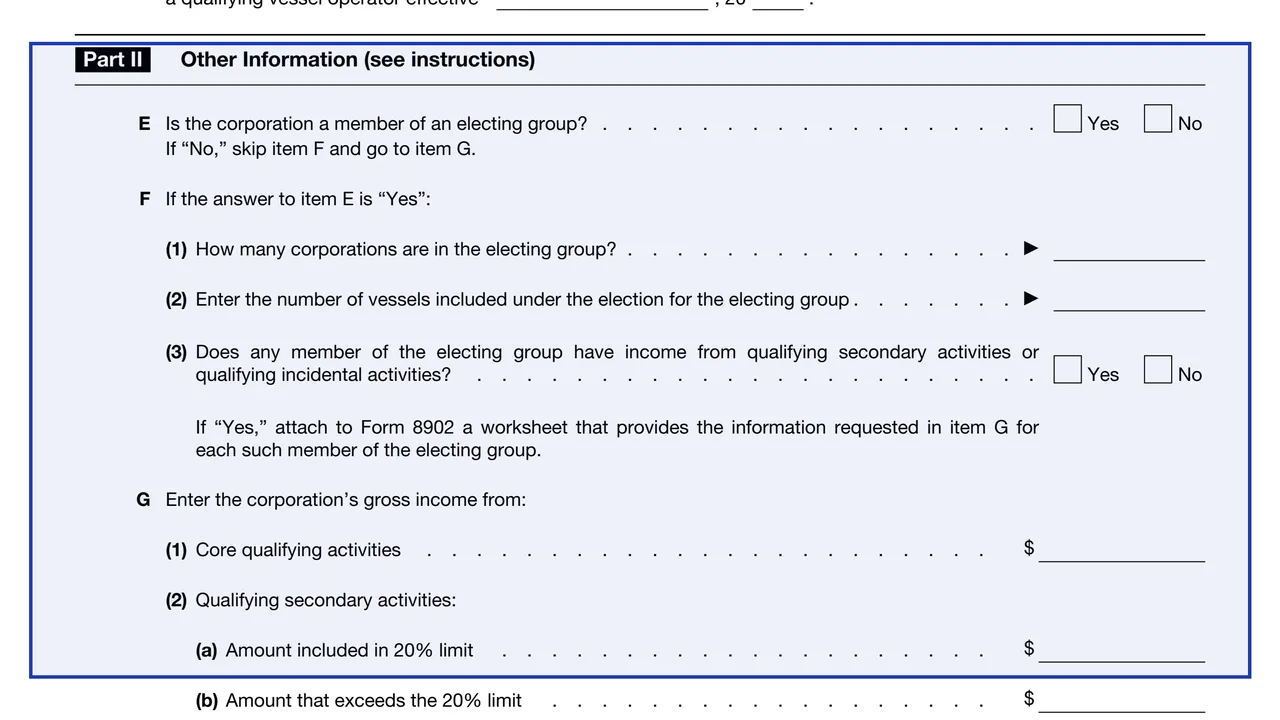 Part II: Other Information on page 1 of Form 8902: Alternative Tax on Qualifying Shipping Activities, as printed by IRS
