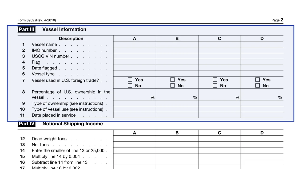 Part III: Vessel Information on page 2 of Form 8902: Alternative Tax on Qualifying Shipping Activities, as printed by IRS