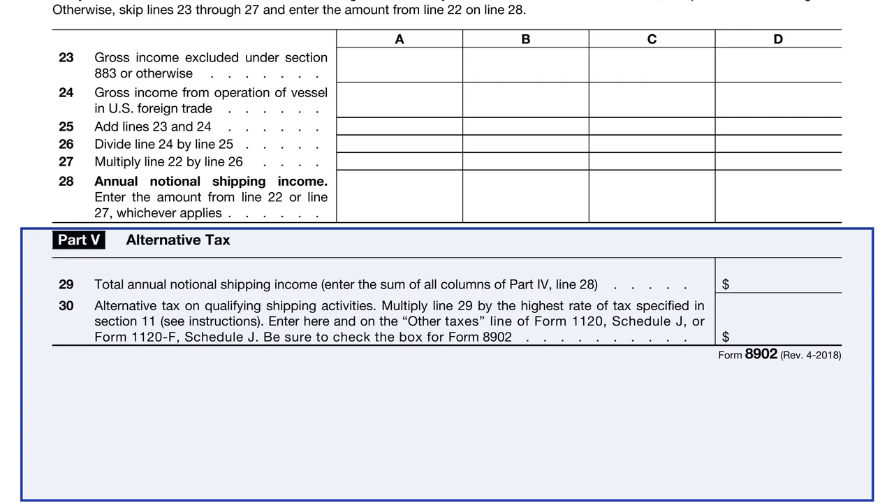 Part V: Alternative Tax on page 2 of Form 8902: Alternative Tax on Qualifying Shipping Activities, as printed by IRS