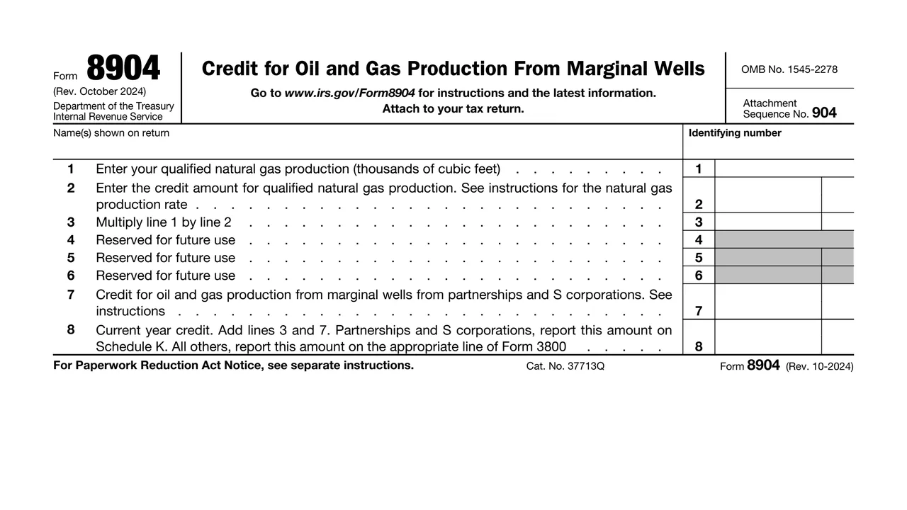 Top of page 1 of Form 8904: Credit for Oil and Gas Production From Marginal Wells, as printed by IRS
