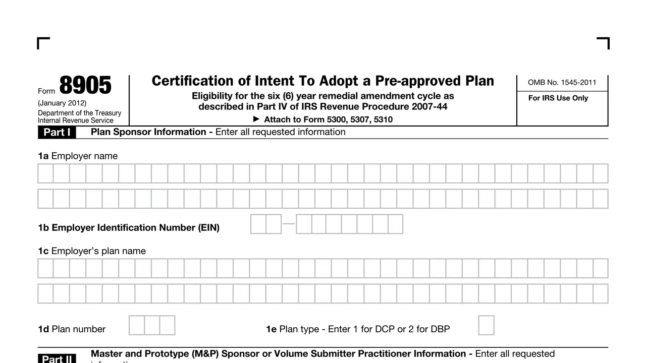 Top of page 1 of Form 8905: Certification of Intent To Adopt a Pre-approved Plan, as printed by IRS