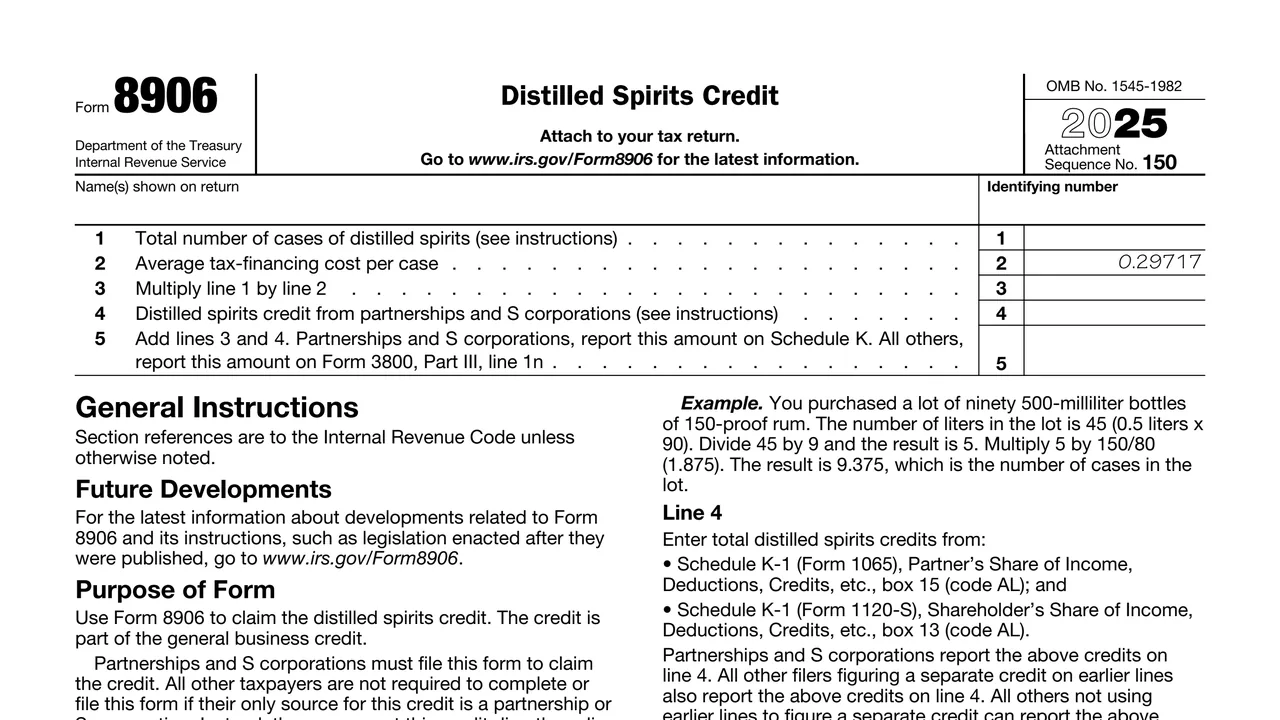 Top of page 1 of Form 8906: Distilled Spirits Credit, as printed by IRS