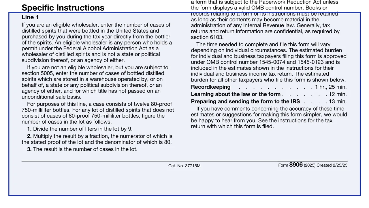 Line 1: cases of distilled spirits on page 1 of Form 8906: Distilled Spirits Credit, as printed by IRS