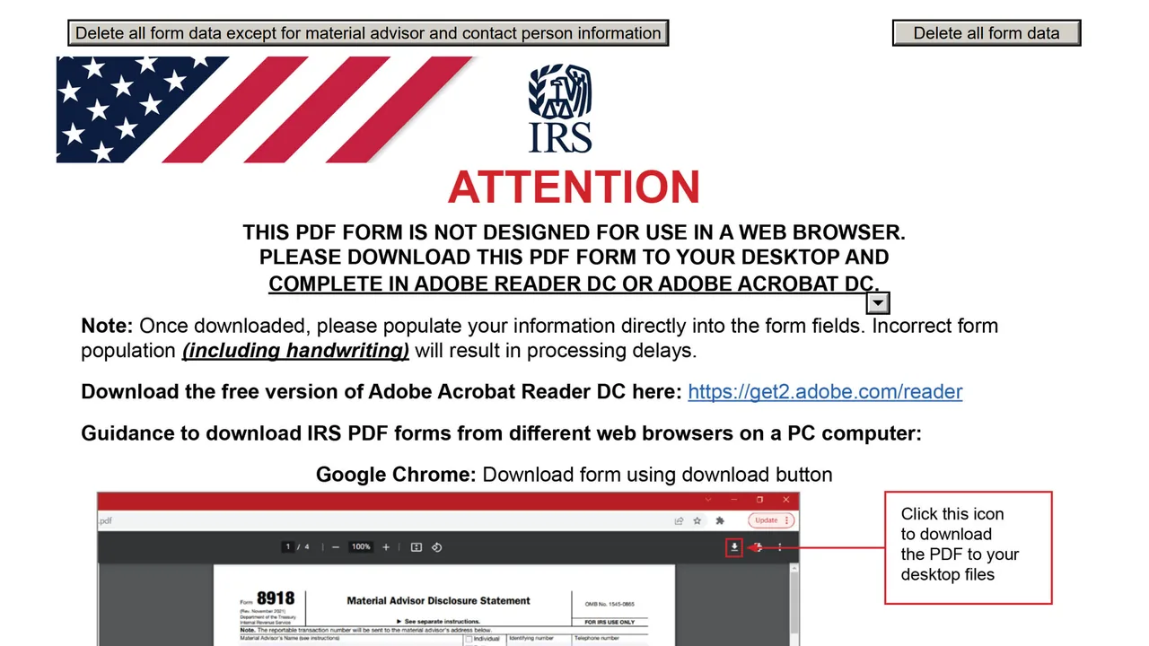 Top of page 1 of Form 8918: Material Advisor Disclosure Statement, as printed by IRS