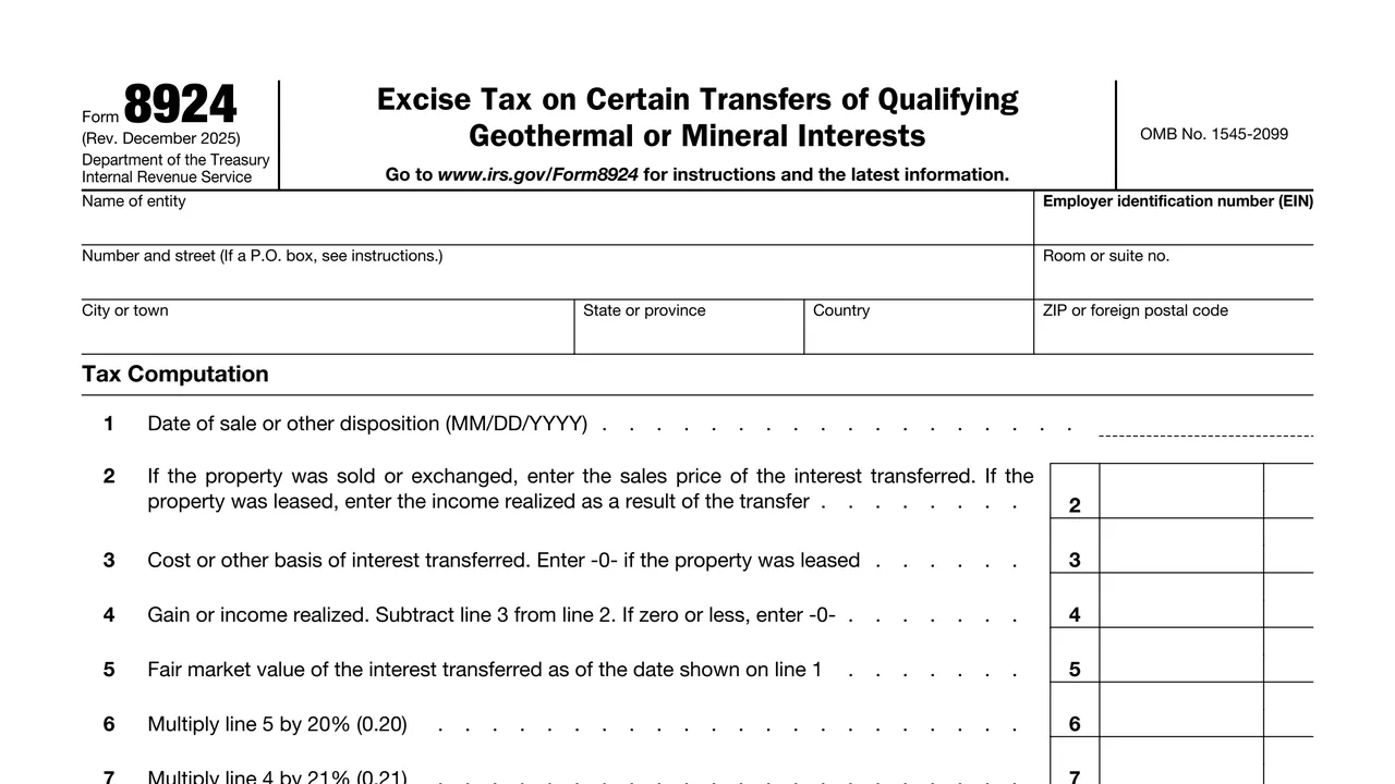Top of page 1 of Form 8924: Excise Tax on Certain Transfers of Qualifying Geothermal or Mineral Interests, as printed by IRS