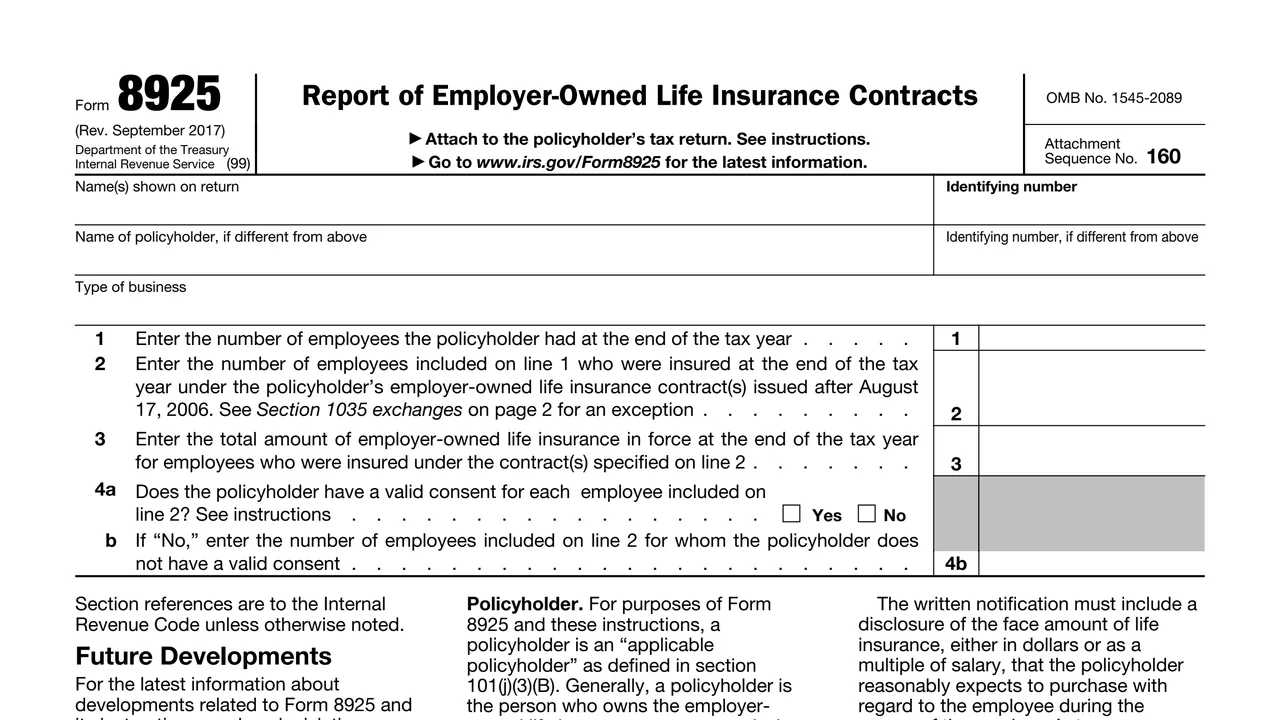 Top of page 1 of Form 8925: Report of Employer-Owned Life Insurance Contracts, as printed by IRS