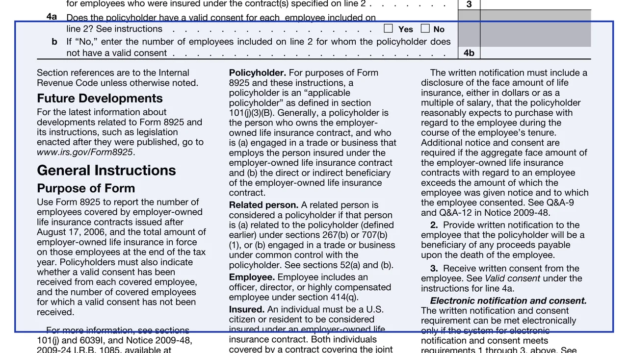 Line 2: insured employees on page 1 of Form 8925: Report of Employer-Owned Life Insurance Contracts, as printed by IRS