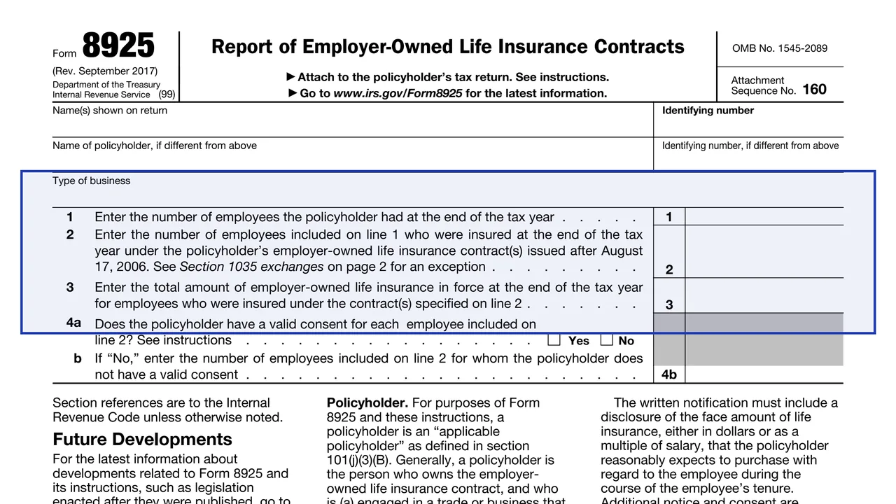 Type of business on page 1 of Form 8925: Report of Employer-Owned Life Insurance Contracts, as printed by IRS