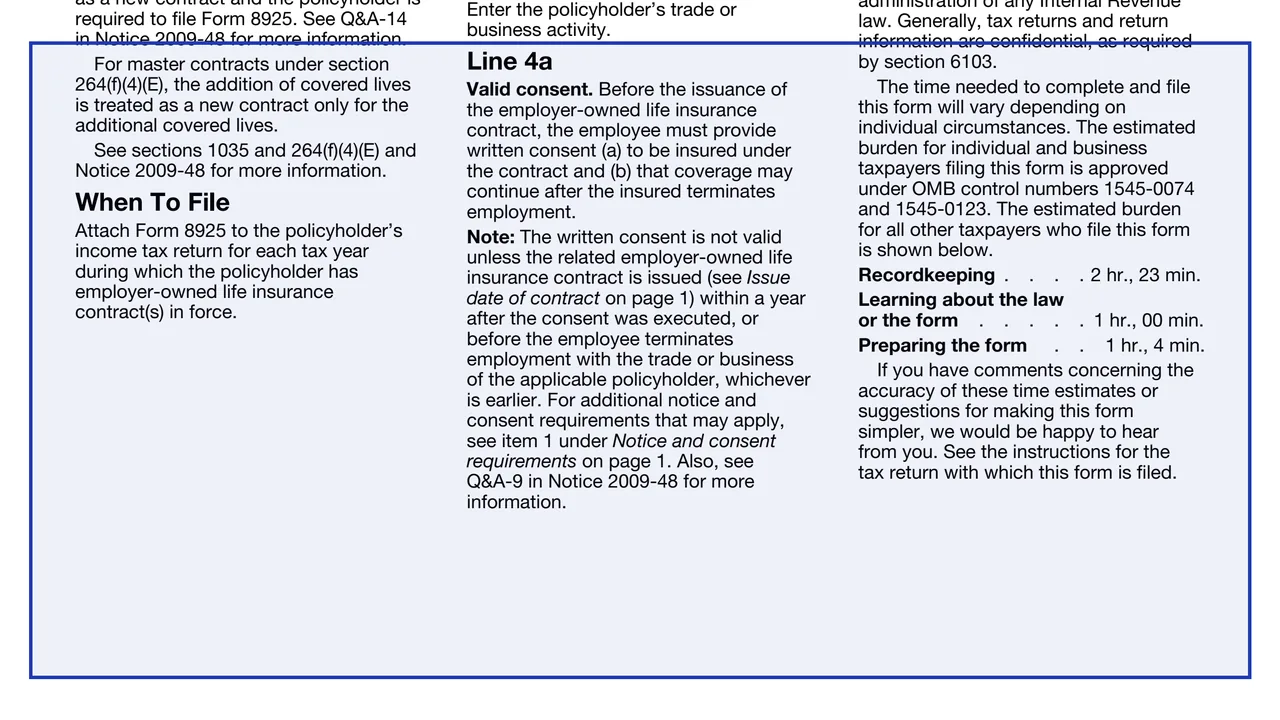 Line 4a on page 2 of Form 8925: Report of Employer-Owned Life Insurance Contracts, as printed by IRS