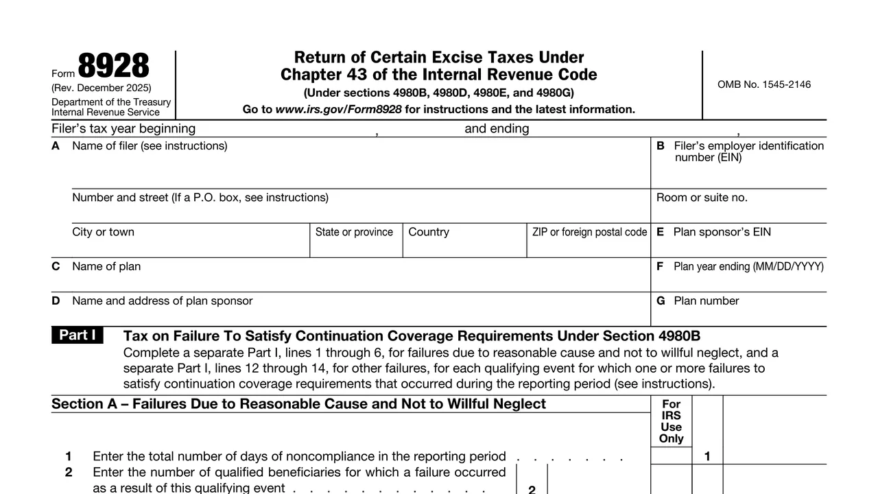 Top of page 1 of Form 8928: Return of Certain Excise Taxes Under Chapter 43 of the Internal Revenue Code, as printed by IRS