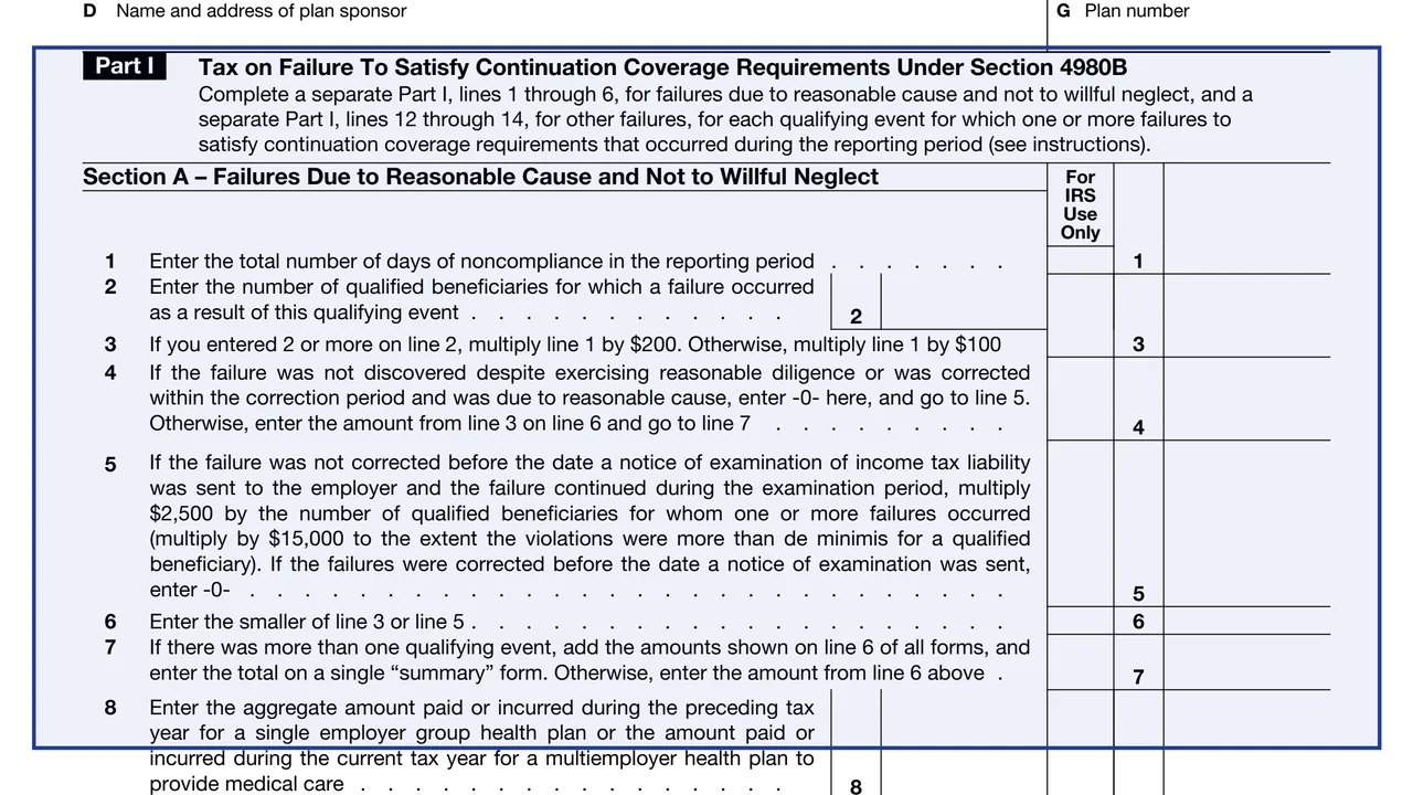 Part I: section 4980B (lines 1 to 16) on page 1 of Form 8928: Return of Certain Excise Taxes Under Chapter 43 of the Internal Revenue Code, as printed by IRS