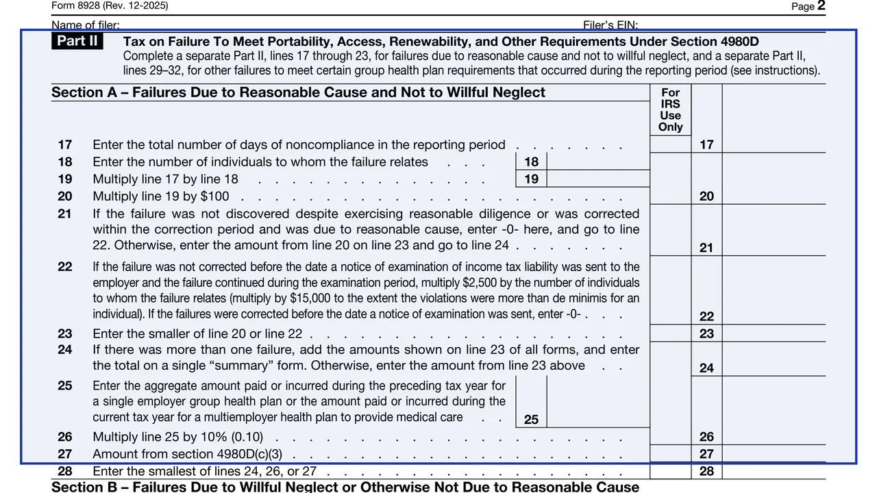 Part II: section 4980D (lines 17 to 34) on page 2 of Form 8928: Return of Certain Excise Taxes Under Chapter 43 of the Internal Revenue Code, as printed by IRS