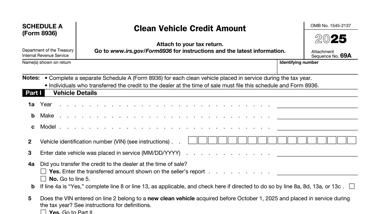 Top of page 1 of Schedule A (Form 8936) 2025: Clean Vehicle Credit Amount, as printed by IRS